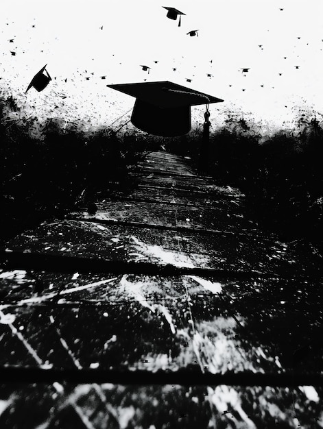 Graduation Cap Floating Above a Wood Plank Path