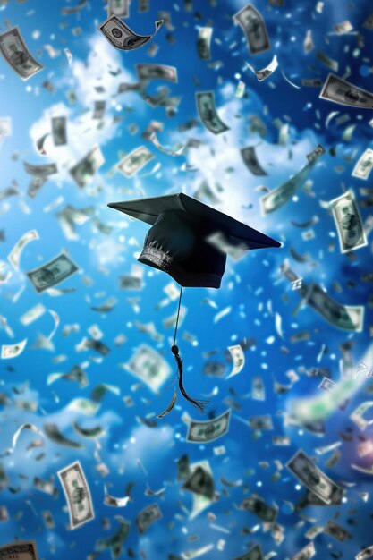 Graduation cap flying money raining down