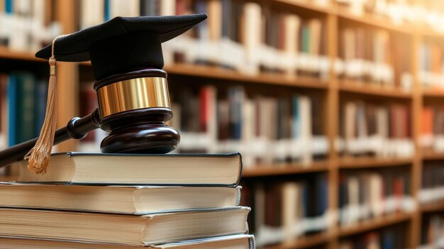 Photo graduation cap gavel and books in library