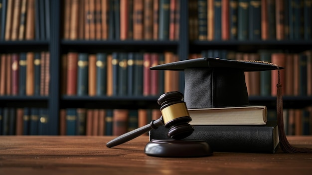 Photo graduation cap and gavel on library table with books