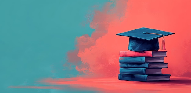 A graduation cap is placed on a pile of books against a vibrant artistic background symbolizing