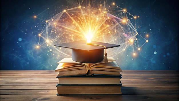 a graduation cap is on top of a book with a spiral of stars behind it