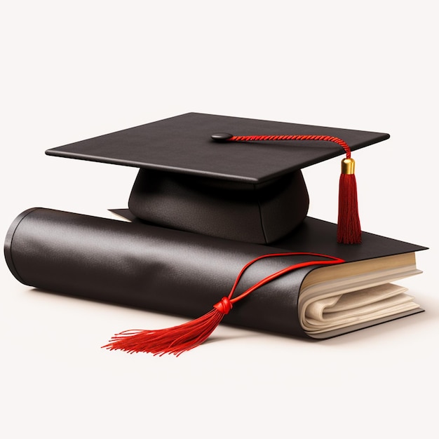 Graduation cap and open book for educational celebration on white background