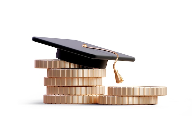 Photo graduation cap on pile of money coins on white education costs study cash tuition fees tax pay