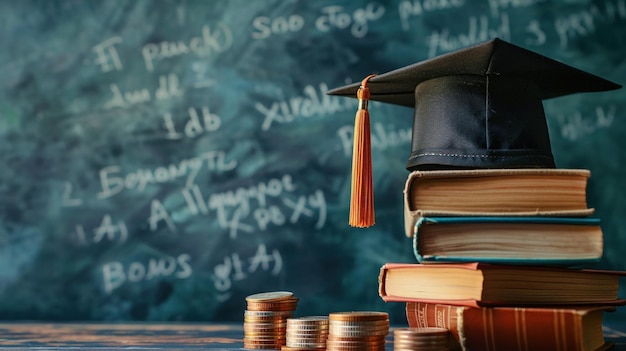 A graduation cap placed on a stack of coins and academic books against a blackboard