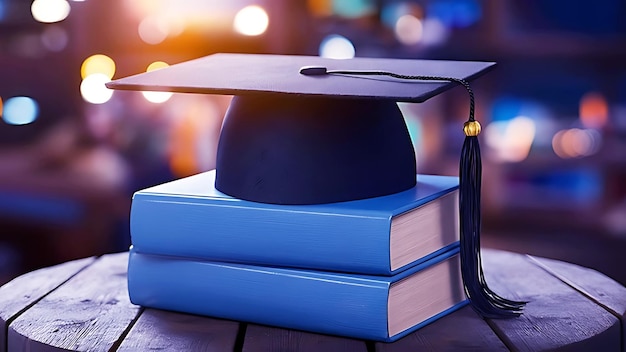 A graduation cap sits atop a stack of two blue textbooks