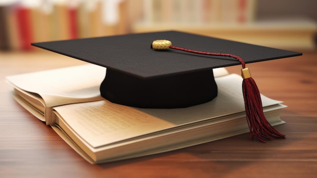 a graduation cap sits on a book with a red bottle next to it.