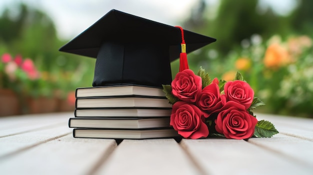 Photo a graduation cap sits on books alongside bright red roses in a lush garden