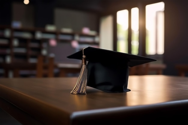 A graduation cap sits on a table in a library.