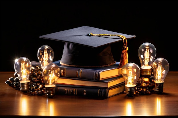 a graduation cap sits on a table next to a stack of books