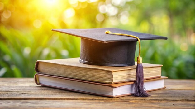 a graduation cap sits on top of a stack of books