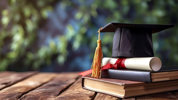 a graduation cap sits on top of a stack of books