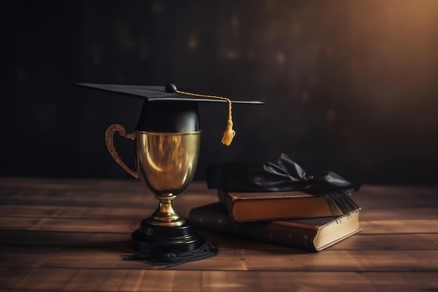 A graduation cap sits on a trophy and a book on a table.