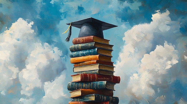 Graduation Cap on a Stack of Books Against a Cloudy Sky