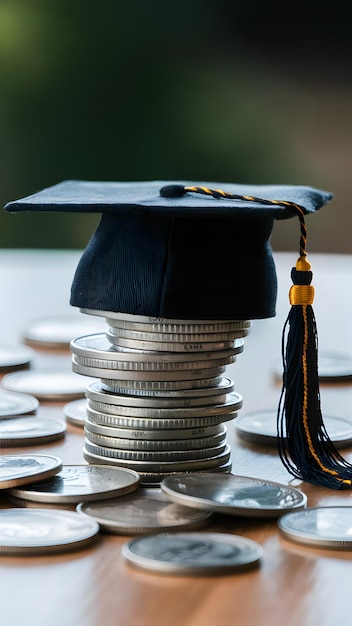 Graduation cap on stacked coins symbolizes education and achievement