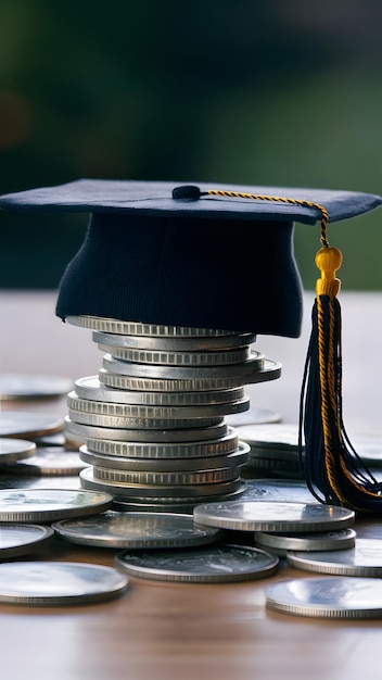 Graduation cap on stacked coins symbolizes education and achievement