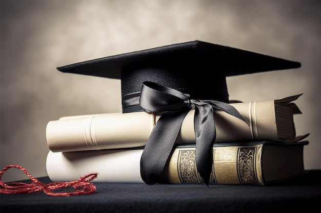 Graduation cap on top of some books in a brown blurry background Learning and education concept