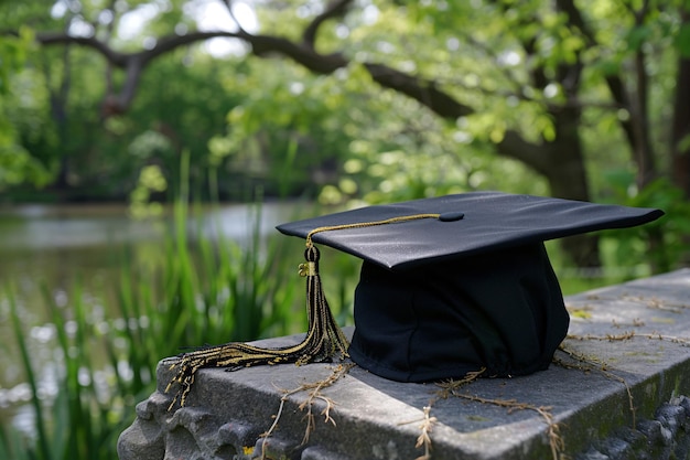 Graduation cap with gold tassel placed on stone ledge by serene lake on a sunny day