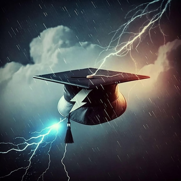 A graduation cap with lightning and a cap with a black cap that says " thunder ".