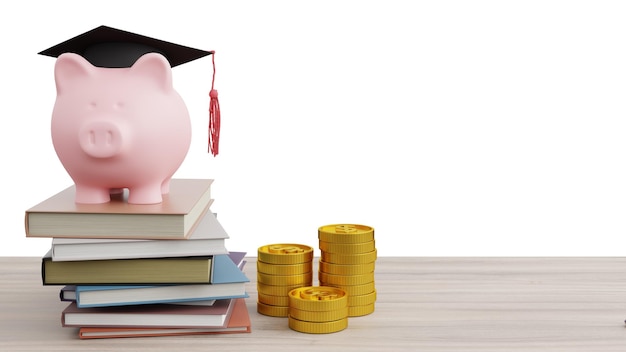 Graduation cap with piggy bank on books and coins stack 3D Render