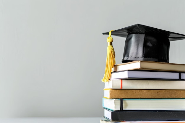 Photo graduation cap with a red tassel on a stack of colorful books against a textured background