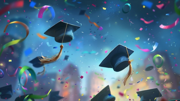 Graduation caps soaring in the sky surrounded by colorful confetti and streamers