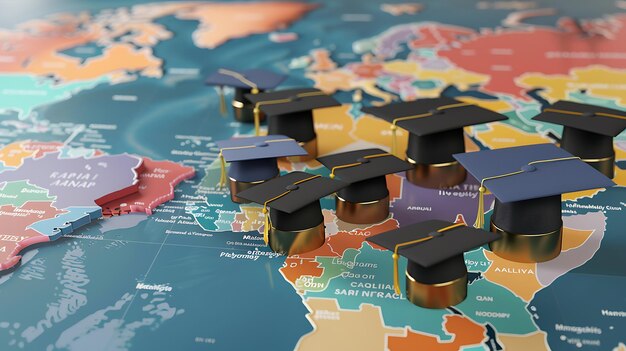 Photo graduation caps on a world map global education concept