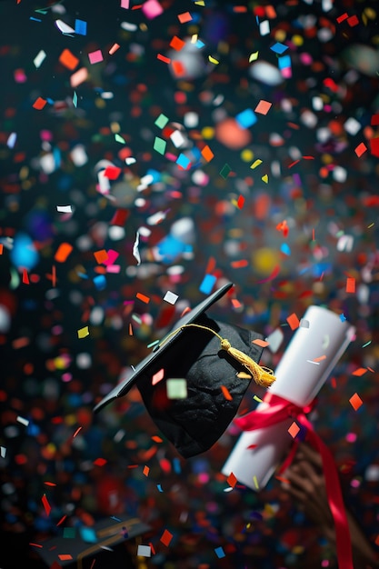 Photo graduation ceremony with confetti falling on cap and diploma being thrown in the air