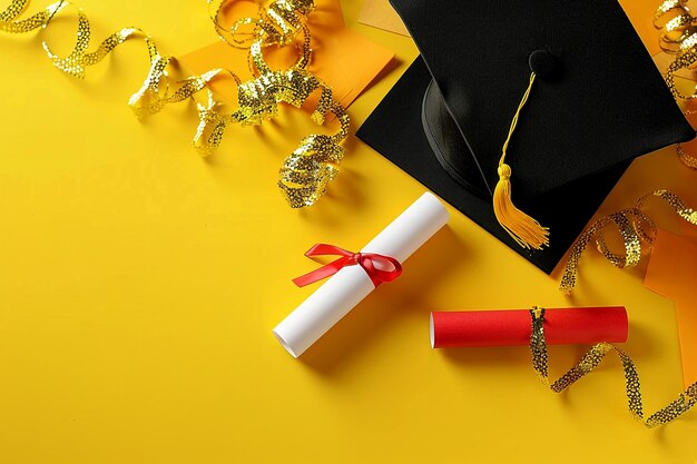 Graduation diploma and cap on a yellow background viewed from above A concept related to graduate