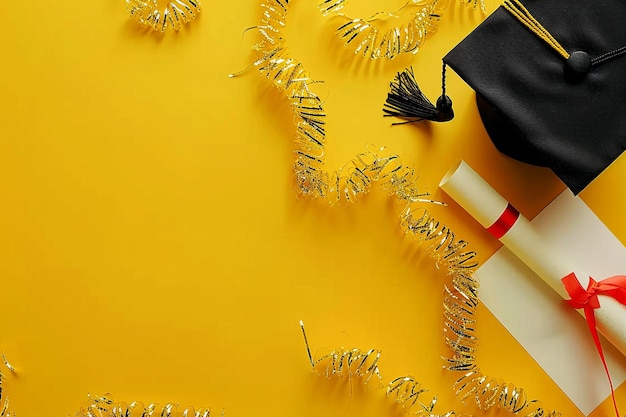 Graduation diploma and cap on a yellow background viewed from above A concept related to graduate