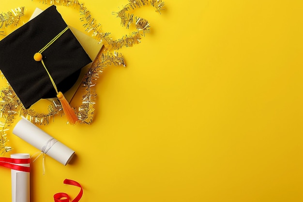 Graduation diploma and cap on a yellow background viewed from above A concept related to graduate