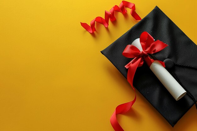 Graduation diploma and cap on a yellow background viewed from above A concept related to graduate