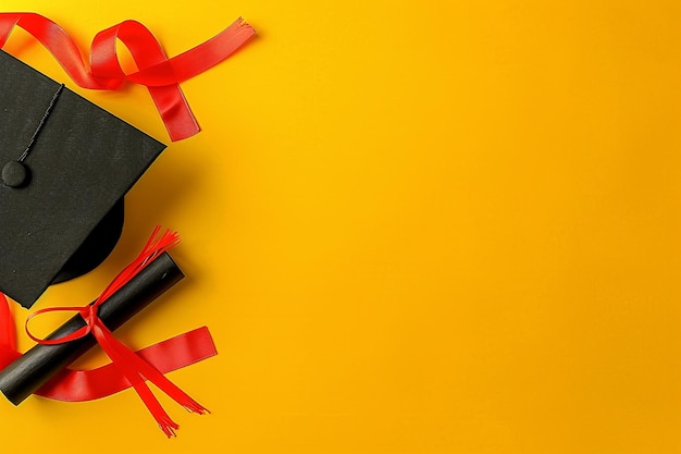 Graduation diploma and cap on a yellow background viewed from above A concept related to graduate