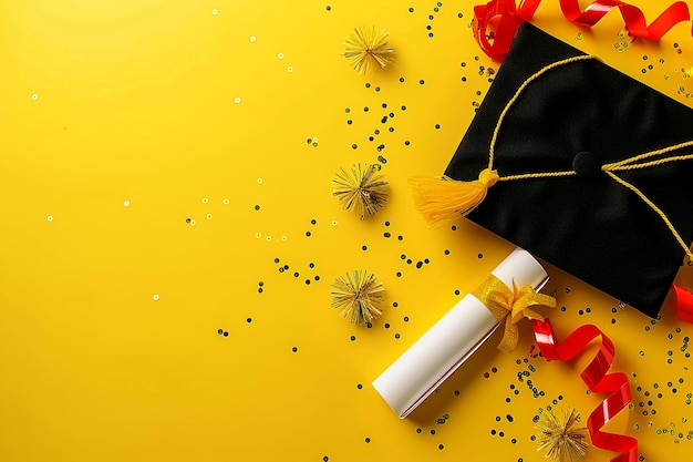 Graduation diploma and cap on a yellow background viewed from above A concept related to graduatio