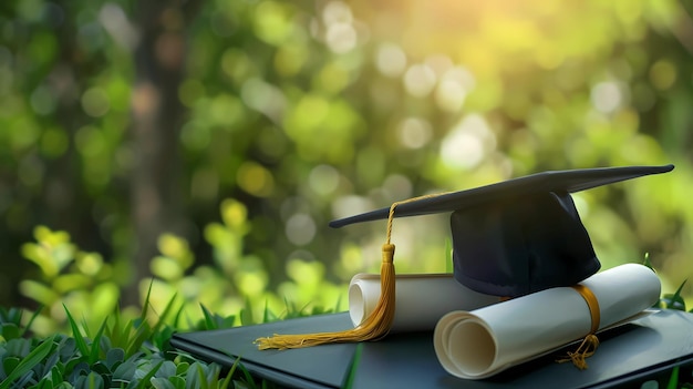 Graduation hat and diploma on tablet with green nature background Education concept Generative AI