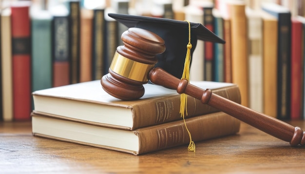 Graduation hat leaning on judge gavel resting on law books on desk