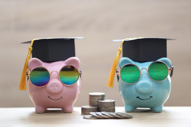 Graduation hat on piggy bank and a books on white background Saving money for education concept