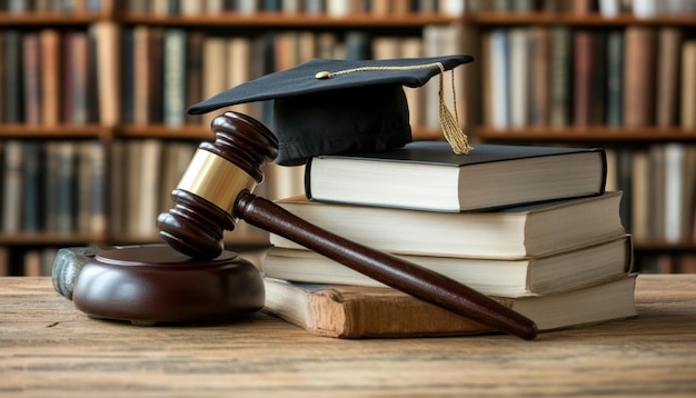 Photo graduation hat sitting on law books with gavel in library