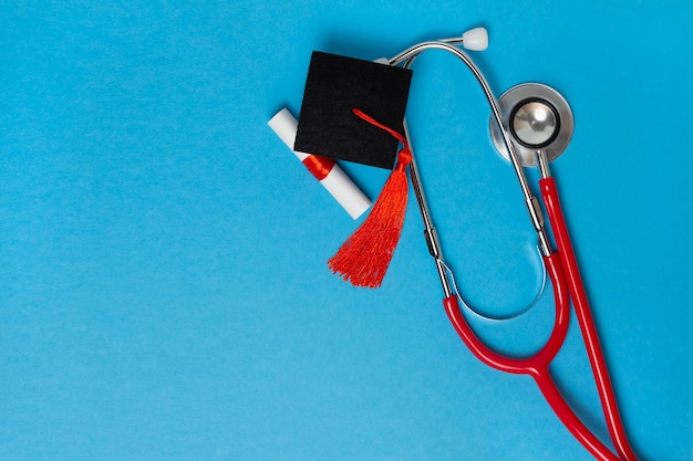 Graduation medical concetp graduation cap diploma and stethoscope on blue background