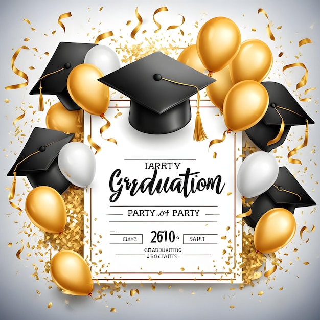 a graduation party card with a graduation cap and a ribbon with the words graduation party on it