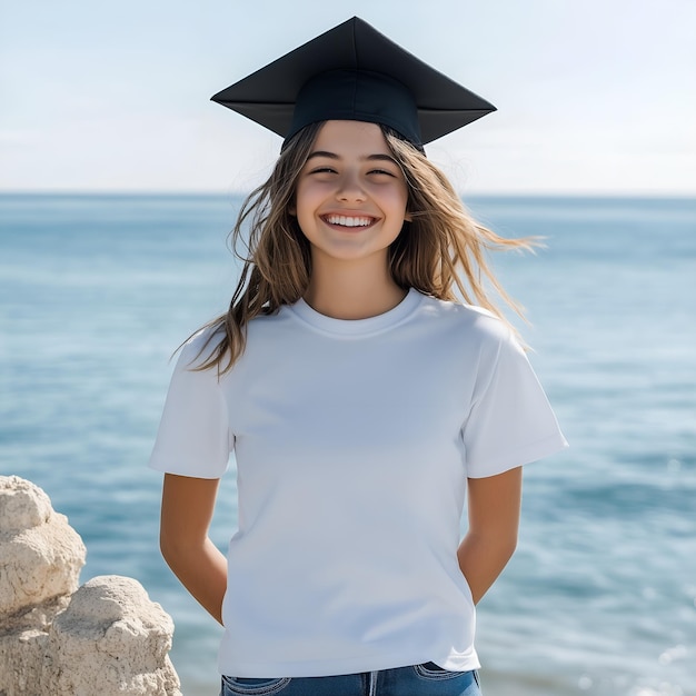 Photo graduation shirt mockup senior class grad student white tshirt mock up happy graduate