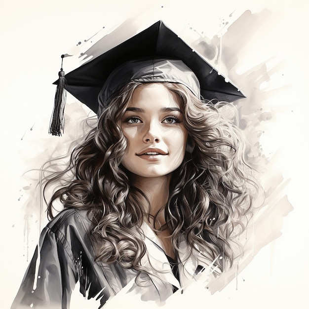 Graduation students are drawn with black and white pencil strokes