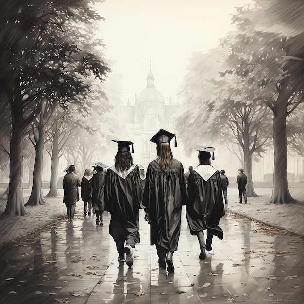 Graduation students are drawn with black and white pencil strokes