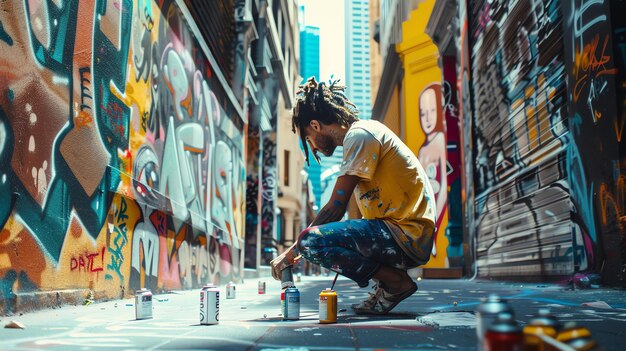 Photo a graffiti artist crouches in an urban alleyway spraypainting a wall with vibrant colors the artist is wearing a yellow shirt