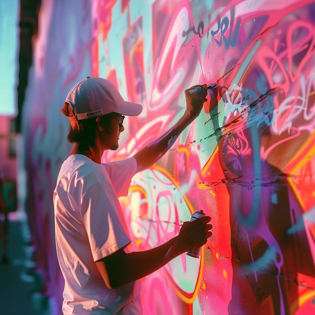 Photo a graffiti artist spraying vibrant colors on a wall