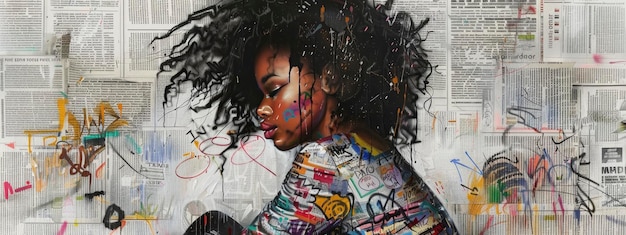 Graffiti and colorful writing cover the body of a stunning black woman with wild hair