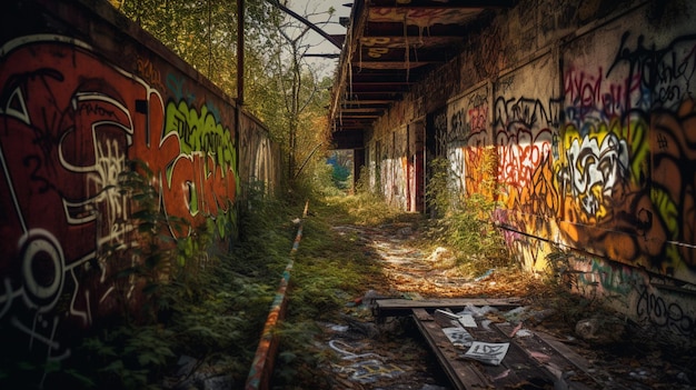 A graffiti covered alley with a sign that says'graffiti'on it