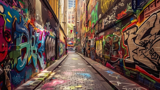 A graffiti covered alleyway with a colorful mural on the wall