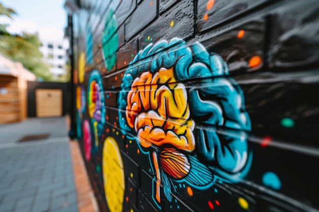 Photo graffiti mural of a brain on a wall in an urban setting symbolizing creativity and street culture i