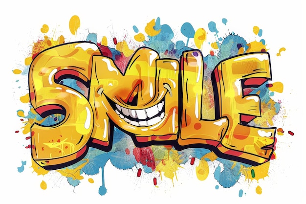 A graffiti style text featuring SMILE handwritten with each letter in yellow color Isolated on a whi